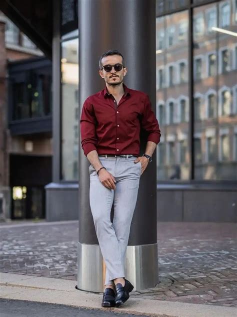 pants with maroon shirt.